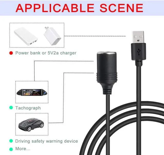 Alt view image 2 of 3 - USB to 12V DC Power Adapter - USB 5V A Male to 12V Car Cigarette Lighter Socket Power Converter for Driving Recorder DVR Dash