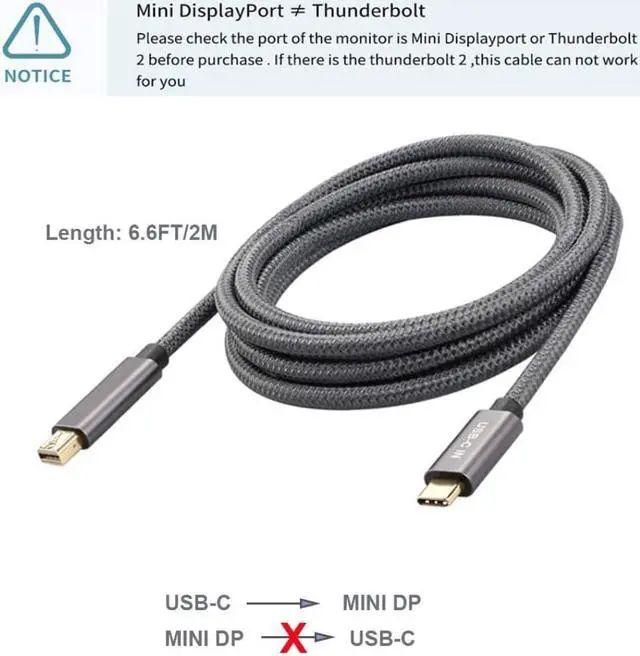 Alt view image 2 of 3 - USB C to Mini DisplayPort Cable,  Type C to Mini DP Adapter 4K 6.6Ft/2m Cord Thunderbolt 3 Compatible for MacBook Pro 2018 iPad