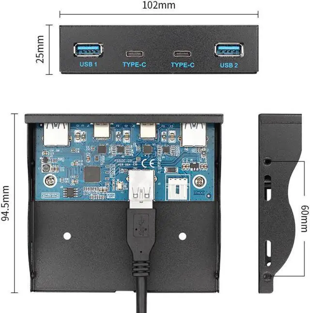 Alt view image 3 of 3 - Type-C USB3.0 Dual Ports & USB3.0 Type-A Dual Port HUB Front Panel to Motherboard 20Pin Connector Cable Cord for 3.5" Floppy Bay