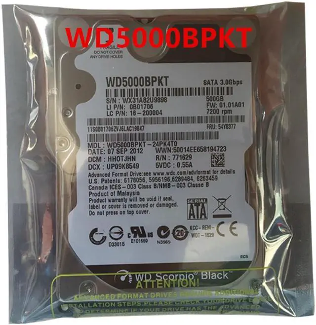 Main image of HDD For WD 500GB 2.5" SATA 3 Gb/s 16MB 7200RPM 9.5MM For Internal Hard Disk For Notebook HDD For WD5000BPKT