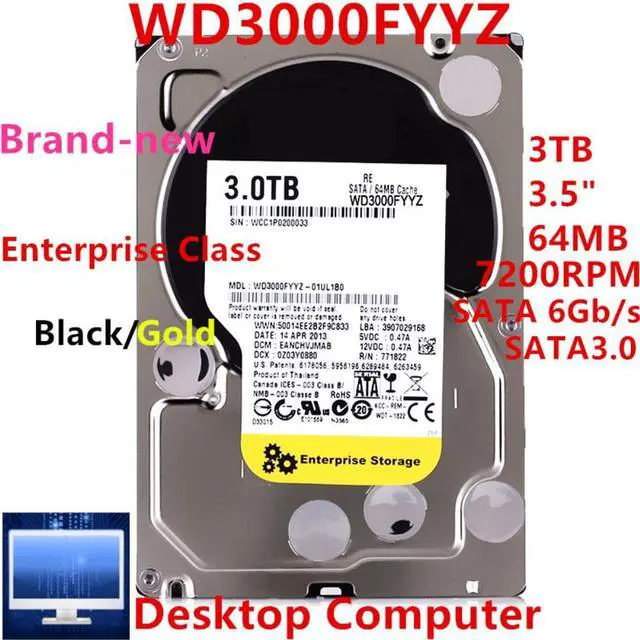 Alt view image 4 of 6 - HDD For WD Black/Gold 3TB 3.5" SATA 6 Gb/s 64MB 7.2K For Internal Hard Disk For Enterprise Storage For WD3000FYYZ