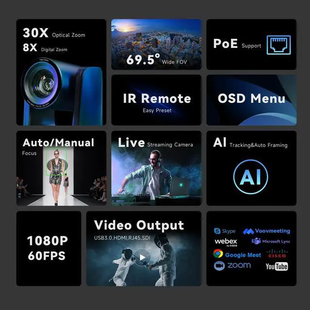 Alt view image 2 of 7 - Tenveo AI Auto-Tracking PTZ Camera Live Streaming 30X Optical Zoom SDI/HDMI/USB/RJ45 Video Conference Room Camera 1080P 60FPS for Live Streaming Church Services Worship Events Broadcast(VHD630A)