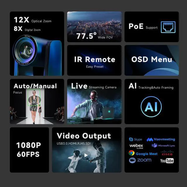 Alt view image 2 of 7 - Tenveo VHD612A AI Auto-Tracking HD1080P 60fps PTZ Conference Camera 3G-SDI HDMI USB and IP Streaming Outputs Support POE 12X Optical Zoom Broadcast Live Streaming Camera for Conference Church