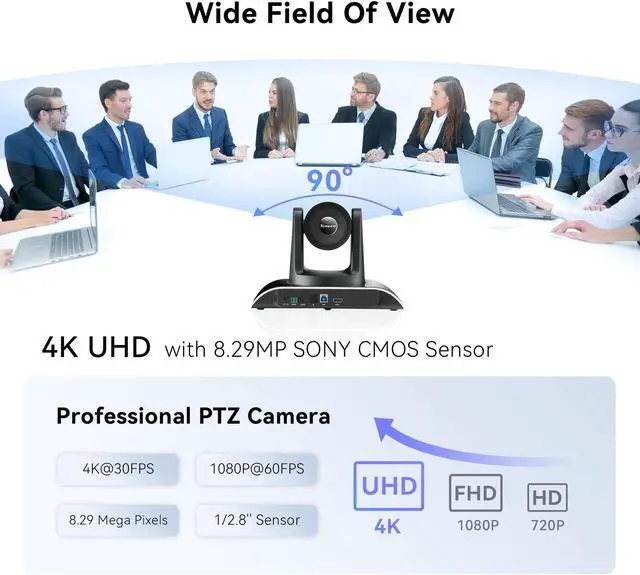 Alt view image 4 of 7 - Tenveo VHDPRO12U-4K 4K PTZ Conference Room Camera 12X Optical Zoom USB3.0/HDMI Wide View Angle 4K PTZ Camera for Video Conference Church Services Worship 
Events Skype/Zoom/OBS/YouTube Live Streaming