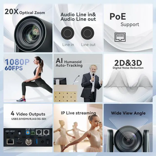 Alt view image 2 of 7 - Tenveo UV620A PTZ Conference Camera 20X Optical Zoom + 16X Digital Zoom 1080P 60FPS USB HDMI 3G-SDI IP Live Streaming Camera AI Auto Tracking Camera PoE for Church Worship Education Sport Events vMix