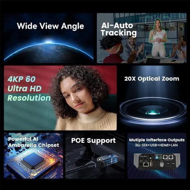 Alt view image 2 of 7 - Tenveo UV620A Ultra PTZ Professional Camera 4k 60fps 20X Optical Zoom+16X Didital Zoom USB HDMI LAN 3G-SDI Output AI Tracking IP Camera POE Designed for Video Conference and Church Live Streaming