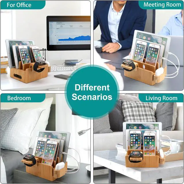 Alt view image 7 of 7 - BambuMate Charging Station for Multiple Devices, Desktop Docking Station Holder Organizer Compatible with Airpods, iPhone, iPod, Apple Watch (6 Charge Sync Cables, No Charger HUB)
