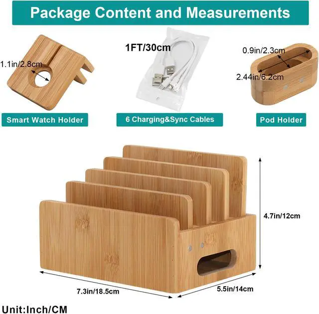 Alt view image 2 of 7 - BambuMate Charging Station for Multiple Devices, Desktop Docking Station Holder Organizer Compatible with Airpods, iPhone, iPod, Apple Watch (6 Charge Sync Cables, No Charger HUB)