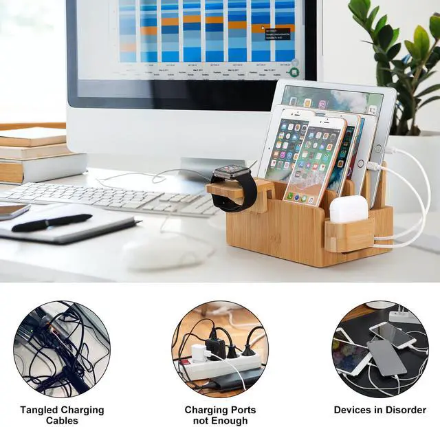 Alt view image 6 of 7 - BambuMate Charging Station for Multiple Devices, Desktop Docking Station Holder Organizer Compatible with Airpods, iPhone, iPod, Apple Watch (6 Charge Sync Cables, No Charger HUB)