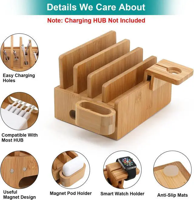 Alt view image 3 of 7 - BambuMate Charging Station for Multiple Devices, Desktop Docking Station Holder Organizer Compatible with Airpods, iPhone, iPod, Apple Watch (6 Charge Sync Cables, No Charger HUB)