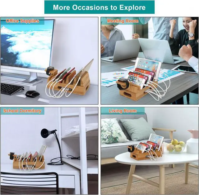 Alt view image 5 of 7 - BambuMate Bamboo Charging Station for Multiple Devices, 7 Slots Wood Docking Electronic Organizer for Phones, Tablets, Laptop and More (No Charger HUB)