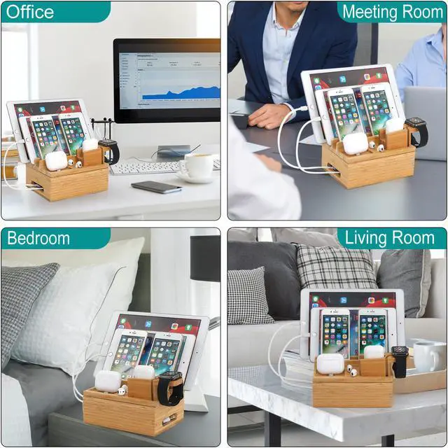 Alt view image 3 of 7 - BambuMate Charging Station for Multiple Devices, Desktop Docking Station Holder, Compatible with Earbuds, Smart Watch, Cell Phone, Tablet (Includes 5 Cables, Watch & headset Stand, NO Charger HUB)