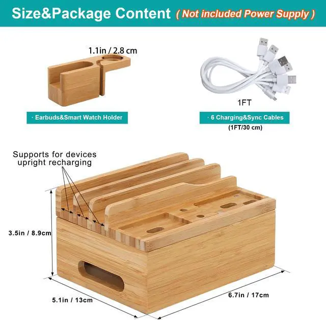 Alt view image 2 of 7 - BambuMate Charging Station for Multiple Devices, Desktop Docking Station Holder, Compatible with Earbuds, Smart Watch, Cell Phone, Tablet (Includes 5 Cables, Watch & headset Stand, NO Charger HUB)