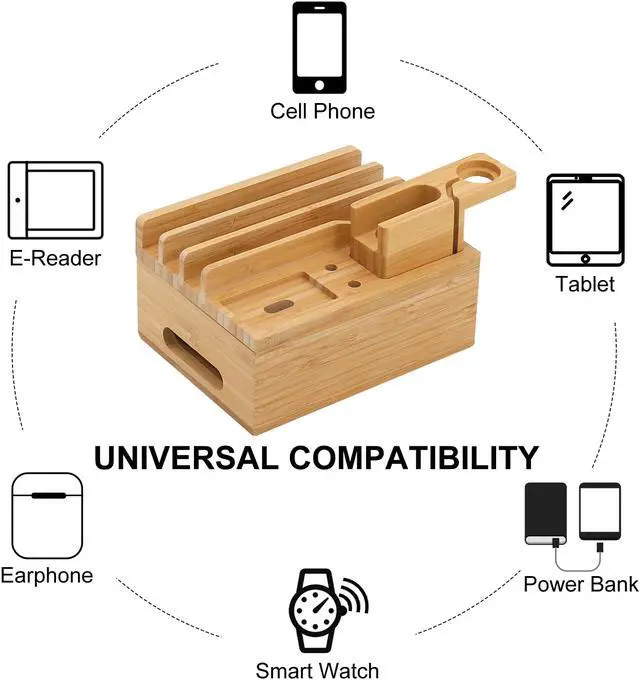 Alt view image 5 of 7 - BambuMate Charging Station for Multiple Devices, Desktop Docking Station Holder, Compatible with Earbuds, Smart Watch, Cell Phone, Tablet (Includes 5 Cables, Watch & headset Stand, NO Charger HUB)