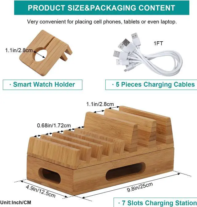 Alt view image 2 of 7 - BambuMate Bamboo Charging Station for Multiple Devices, 7 Slots Wood Docking Electronic Organizer for Phones, Tablets, Laptop and More (No Charger HUB)