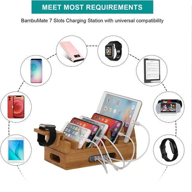 Alt view image 4 of 7 - BambuMate Bamboo Charging Station for Multiple Devices, 7 Slots Wood Docking Electronic Organizer for Phones, Tablets, Laptop and More (No Charger HUB)
