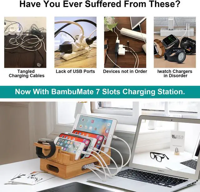 Alt view image 6 of 7 - BambuMate Bamboo Charging Station for Multiple Devices, 7 Slots Wood Docking Electronic Organizer for Phones, Tablets, Laptop and More (No Charger HUB)