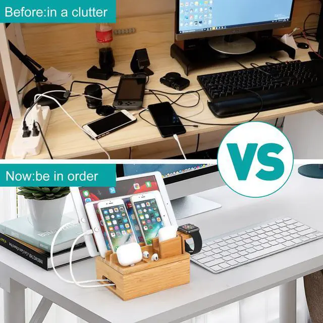 Alt view image 6 of 7 - BambuMate Charging Station for Multiple Devices, Desktop Docking Station Holder, Compatible with Earbuds, Smart Watch, Cell Phone, Tablet (Includes 5 Cables, Watch & headset Stand, NO Charger HUB)