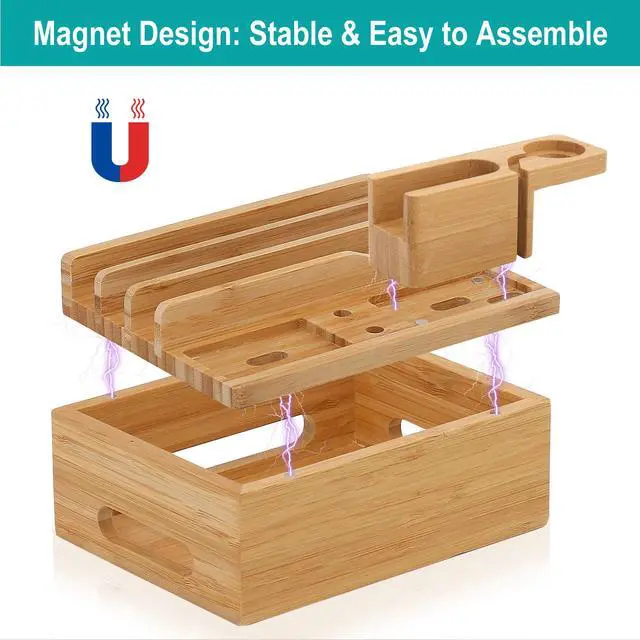 Alt view image 7 of 7 - BambuMate Charging Station for Multiple Devices, Desktop Docking Station Holder, Compatible with Earbuds, Smart Watch, Cell Phone, Tablet (Includes 5 Cables, Watch & headset Stand, NO Charger HUB)