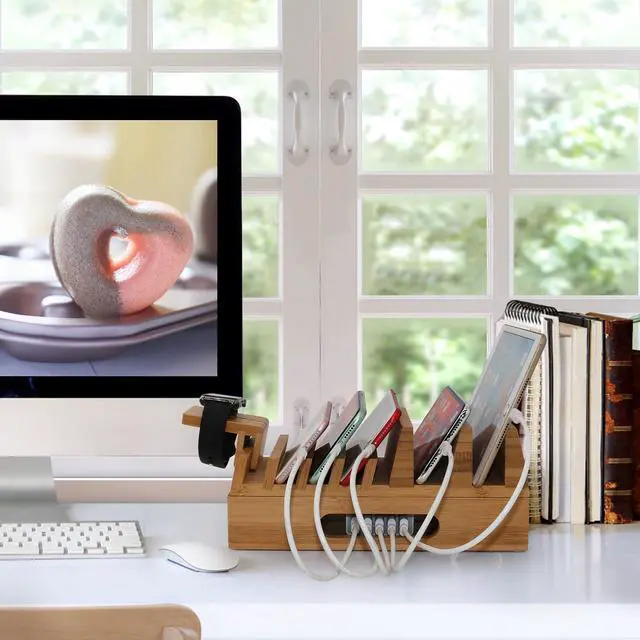 Alt view image 7 of 7 - BambuMate Bamboo Charging Station for Multiple Devices, 7 Slots Wood Docking Electronic Organizer for Phones, Tablets, Laptop and More (No Charger HUB)