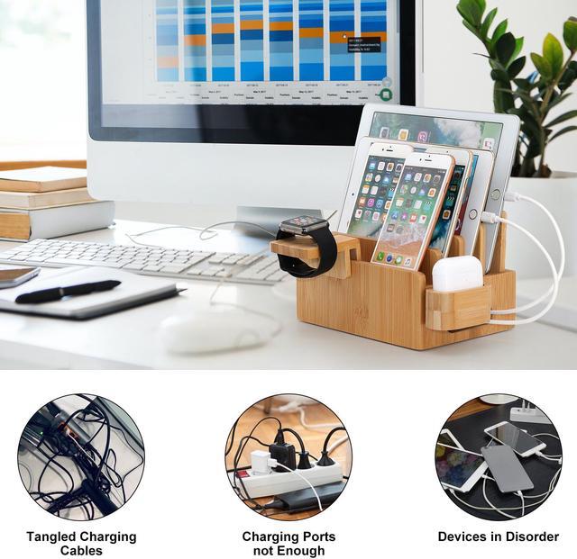 Alt view image 6 of 7 - Bamboo Charging Station Organizer, Wood Desktop Docking Charging Stand Compatible with Airpods, iPhone, iPad, Apple Watch (Included 5 Port USB Charger, 6 Charge Sync Cables)