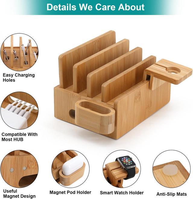 Alt view image 3 of 7 - Bamboo Charging Station Organizer, Wood Desktop Docking Charging Stand Compatible with Airpods, iPhone, iPad, Apple Watch (Included 5 Port USB Charger, 6 Charge Sync Cables)