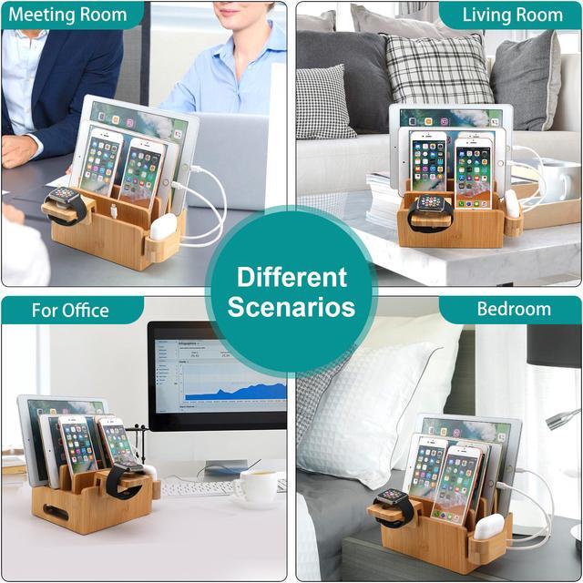 Alt view image 7 of 7 - Bamboo Charging Station Organizer, Wood Desktop Docking Charging Stand Compatible with Airpods, iPhone, iPad, Apple Watch (Included 5 Port USB Charger, 6 Charge Sync Cables)