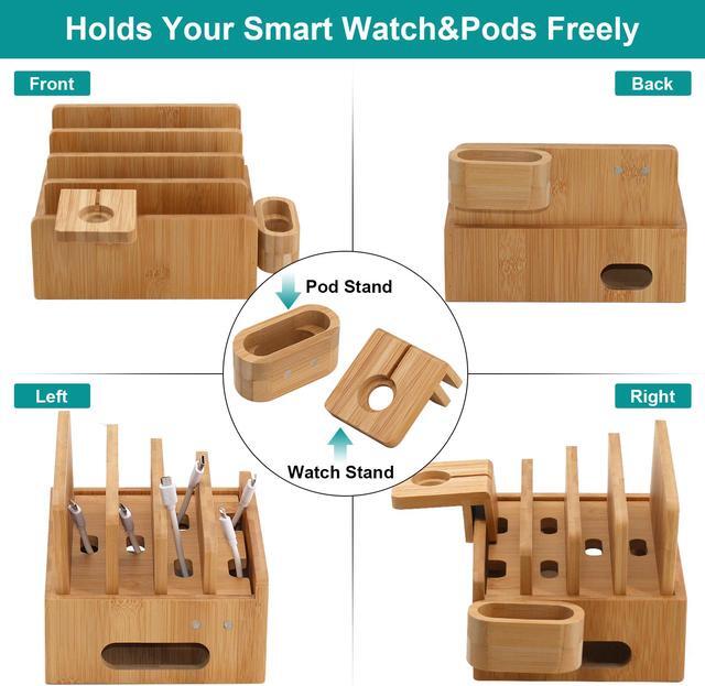 Alt view image 4 of 7 - Bamboo Charging Station Organizer, Wood Desktop Docking Charging Stand Compatible with Airpods, iPhone, iPad, Apple Watch (Included 5 Port USB Charger, 6 Charge Sync Cables)