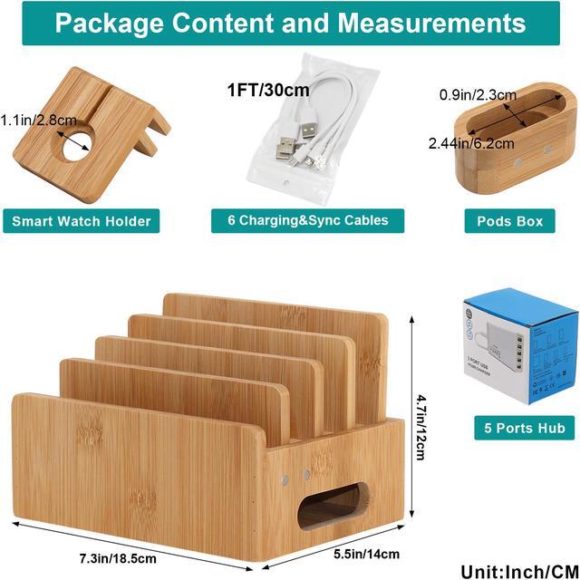 Alt view image 2 of 7 - Bamboo Charging Station Organizer, Wood Desktop Docking Charging Stand Compatible with Airpods, iPhone, iPad, Apple Watch (Included 5 Port USB Charger, 6 Charge Sync Cables)