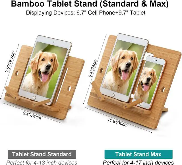 Alt view image 4 of 7 - BambuMate Bamboo Cell Phone Tablet Stand Large, Adjustable Desktop Holder Compatible with Kindle, Tablet , Smartphones, Book Stand for Textbook, Recipe, Magazine (Support to 17" Devices)
