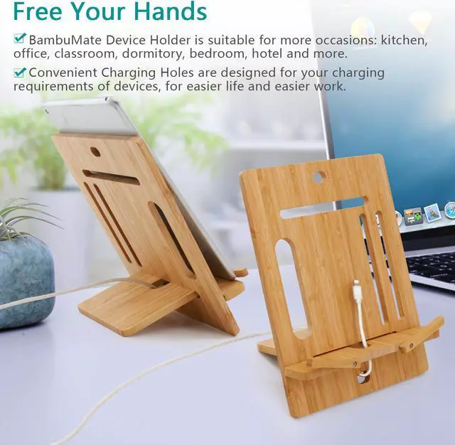 Alt view image 4 of 7 - BambuMate Bamboo Cell Phone Tablet Stand Holder, Desktop Smart Phone Stand Holder Dock Compatible with Kindle, Tablet , Smartphones (Support up to 13”)