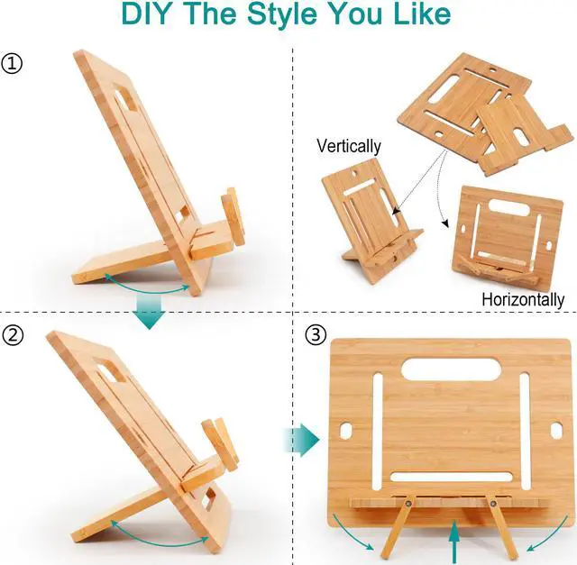 Alt view image 3 of 7 - BambuMate Bamboo Cell Phone Tablet Stand Holder, Desktop Smart Phone Stand Holder Dock Compatible with Kindle, Tablet , Smartphones (Support up to 13”)