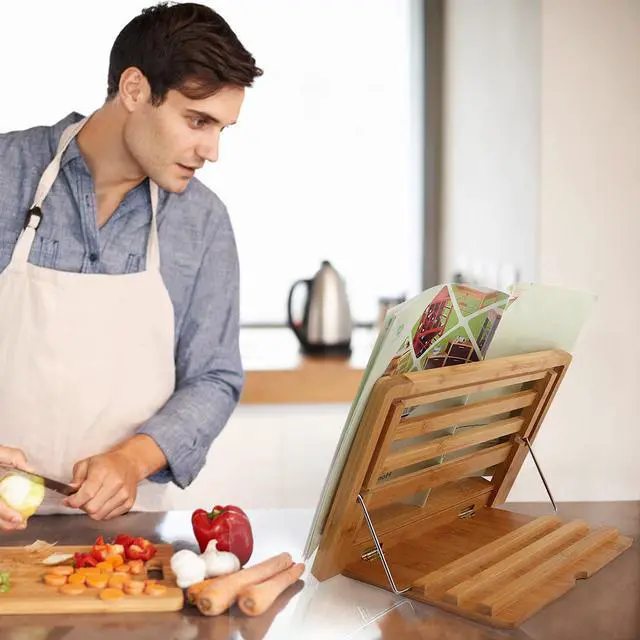 Alt view image 6 of 7 - BambuMate Bamboo Cook Book Stand, Adjustable Book Holder Tray and Page Paper Clips, Portable Station for Tablets, Cell Phones, Laptop Stands
