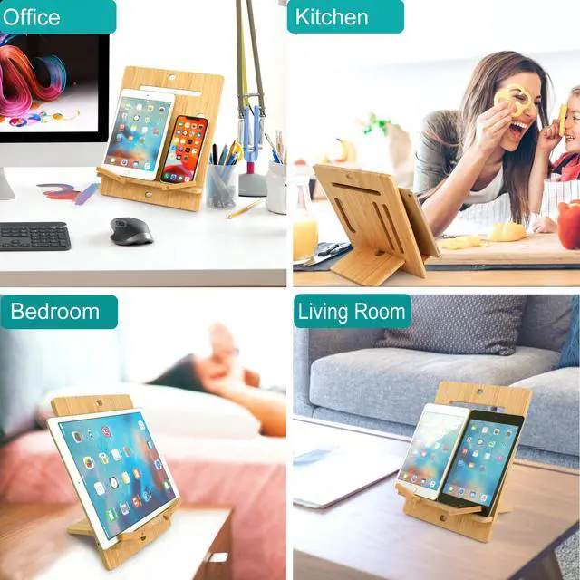 Alt view image 7 of 7 - BambuMate Bamboo Cell Phone Tablet Stand Large, Adjustable Desktop Holder Compatible with Kindle, Tablet , Smartphones, Book Stand for Textbook, Recipe, Magazine (Support to 17" Devices)