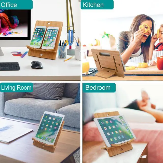 Alt view image 7 of 7 - BambuMate Bamboo Cell Phone Tablet Stand Holder, Desktop Smart Phone Stand Holder Dock Compatible with Kindle, Tablet , Smartphones (Support up to 13”)
