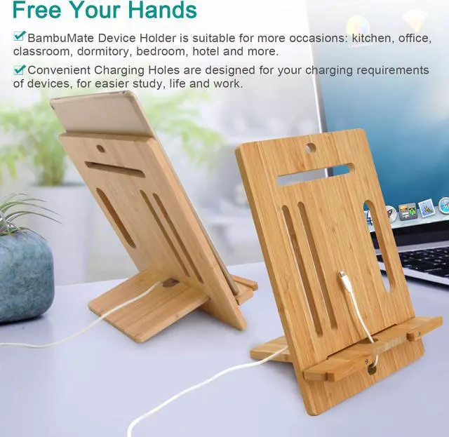 Alt view image 5 of 7 - BambuMate Bamboo Cell Phone Tablet Stand Large, Adjustable Desktop Holder Compatible with Kindle, Tablet , Smartphones, Book Stand for Textbook, Recipe, Magazine (Support to 17" Devices)