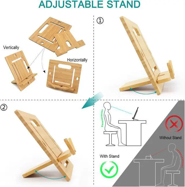 Alt view image 3 of 7 - BambuMate Bamboo Cell Phone Tablet Stand Large, Adjustable Desktop Holder Compatible with Kindle, Tablet , Smartphones, Book Stand for Textbook, Recipe, Magazine (Support to 17" Devices)