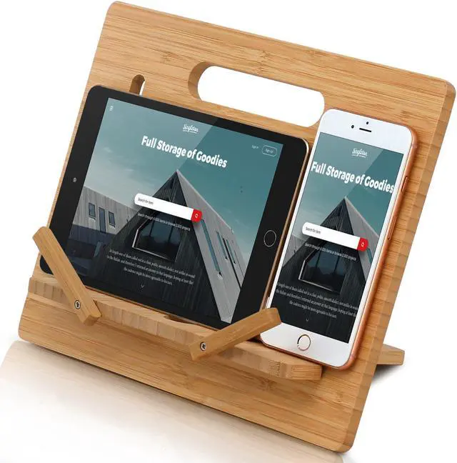 Main image of BambuMate Bamboo Cell Phone Tablet Stand Large, Adjustable Desktop Holder Compatible with Kindle, Tablet , Smartphones, Book Stand for Textbook, Recipe, Magazine (Support to 17" Devices)
