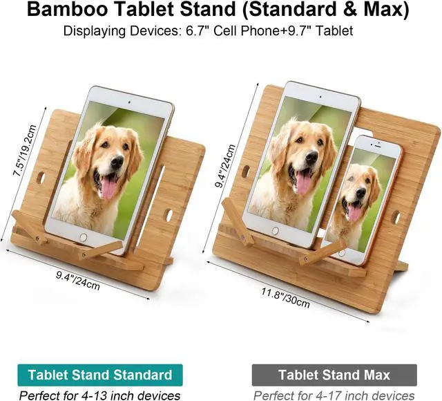 Alt view image 6 of 7 - BambuMate Bamboo Cell Phone Tablet Stand Holder, Desktop Smart Phone Stand Holder Dock Compatible with Kindle, Tablet , Smartphones (Support up to 13”)
