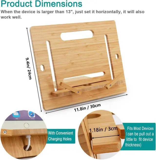 Alt view image 2 of 7 - BambuMate Bamboo Cell Phone Tablet Stand Large, Adjustable Desktop Holder Compatible with Kindle, Tablet , Smartphones, Book Stand for Textbook, Recipe, Magazine (Support to 17" Devices)