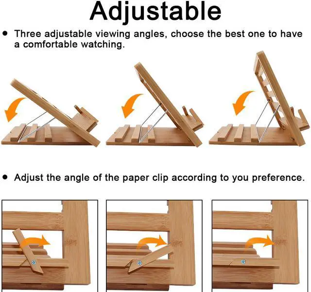 Alt view image 3 of 7 - BambuMate Bamboo Cook Book Stand, Adjustable Book Holder Tray and Page Paper Clips, Portable Station for Tablets, Cell Phones, Laptop Stands