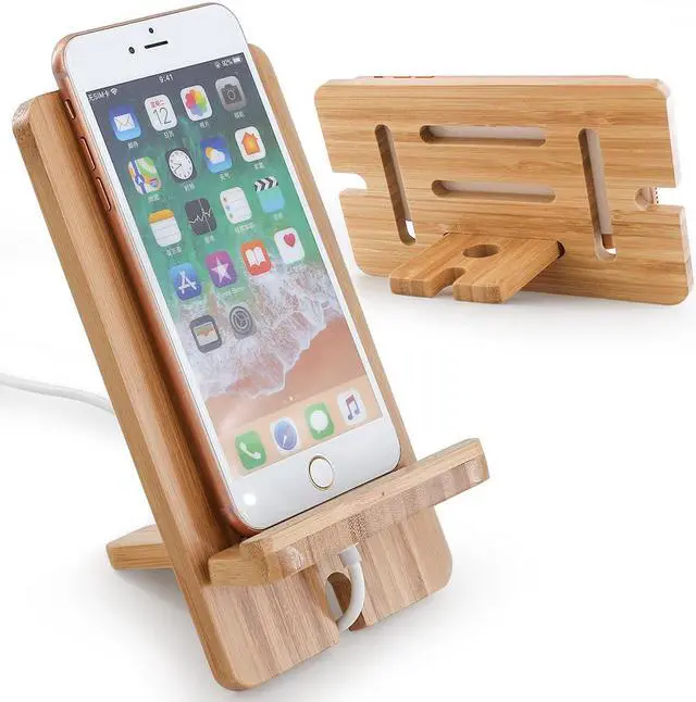 Main image of BambuMate Bamboo Cell Phone Tablet Stand, Wooden Smart Phone Desktop Charging Dock Holder Compatible with Pad, Phone 8 Plus X XS Max XR, All iOS & Android Phone, Tablet - 1 Pack