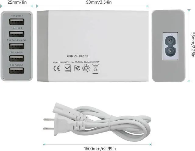 Alt view image 2 of 7 - 5-Port USB Charging Stations for Multiple Devices, Multi Port USB Wall Charger 40W 8A, Desktop Multi USB Wall Charger Compatible with Tablet, Phone, Android Phone and All USB Port Devices - White