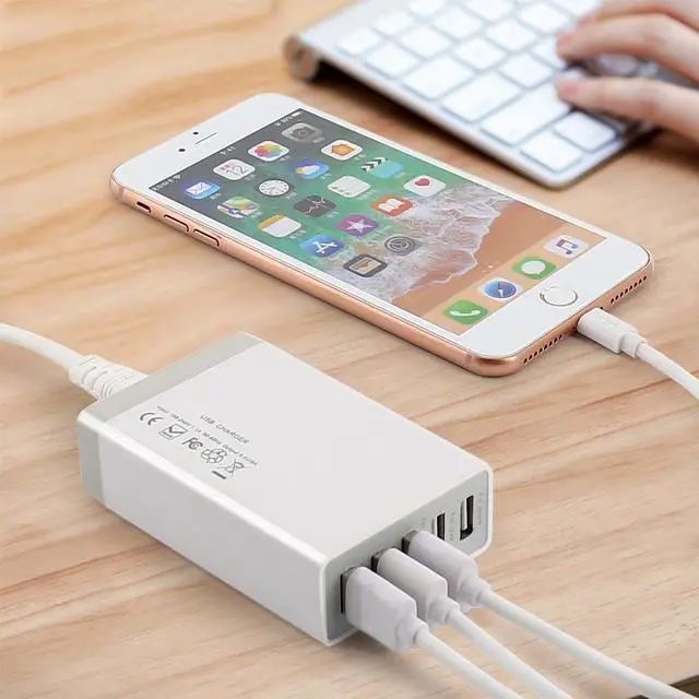 Alt view image 6 of 7 - 5-Port USB Charging Stations for Multiple Devices, Multi Port USB Wall Charger 40W 8A, Desktop Multi USB Wall Charger Compatible with Tablet, Phone, Android Phone and All USB Port Devices - White