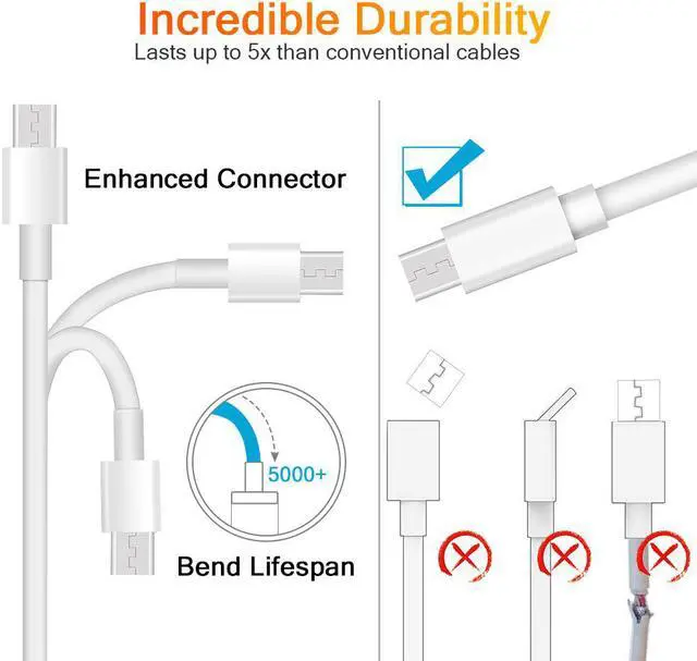 Alt view image 3 of 7 - Android Data Cables, Micro USB Charger Cable, Android Phone Charger Cord for Samsung, HTC, Motorola, Nokia, Kindle, MP3, Tablet and More - 5-Pack, 1FT, White