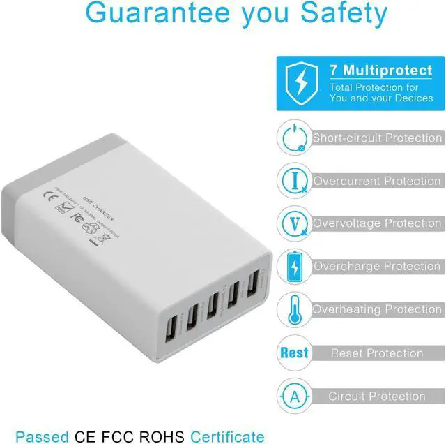 Alt view image 3 of 7 - 5-Port USB Charging Stations for Multiple Devices, Multi Port USB Wall Charger 40W 8A, Desktop Multi USB Wall Charger Compatible with Tablet, Phone, Android Phone and All USB Port Devices - White