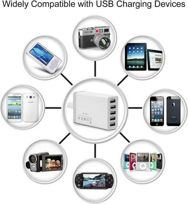Alt view image 4 of 7 - 5-Port USB Charging Stations for Multiple Devices, Multi Port USB Wall Charger 40W 8A, Desktop Multi USB Wall Charger Compatible with Tablet, Phone, Android Phone and All USB Port Devices - White
