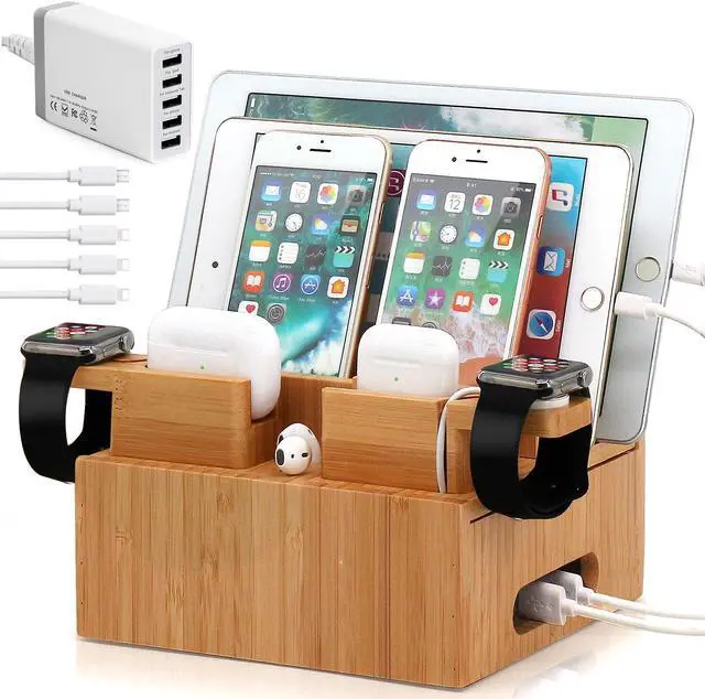 Main image of Bamboo Charging Station Organizer for Multiple Devices, Wood Docking Stand Electronic Organizer Compatible with iPhone iPad iWatch AirPods (Included 2 Watch & Earbuds Stand, 5 Cables, 5 Port Charger)