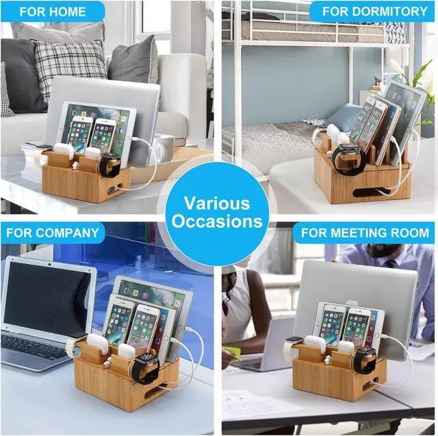 Alt view image 7 of 7 - Bamboo Charging Station Organizer for Multiple Devices, Wood Docking Stand Electronic Organizer Compatible with iPhone iPad iWatch AirPods (Included 2 Watch & Earbuds Stand, 5 Cables, 5 Port Charger)
