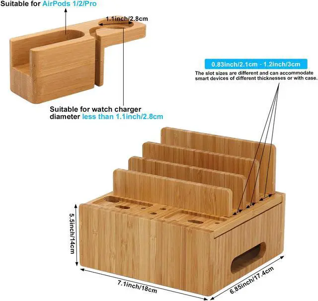 Alt view image 3 of 7 - Bamboo Charging Station Organizer for Multiple Devices, Wood Docking Stand Electronic Organizer Compatible with iPhone iPad iWatch AirPods (Included 2 Watch & Earbuds Stand, 5 Cables, 5 Port Charger)